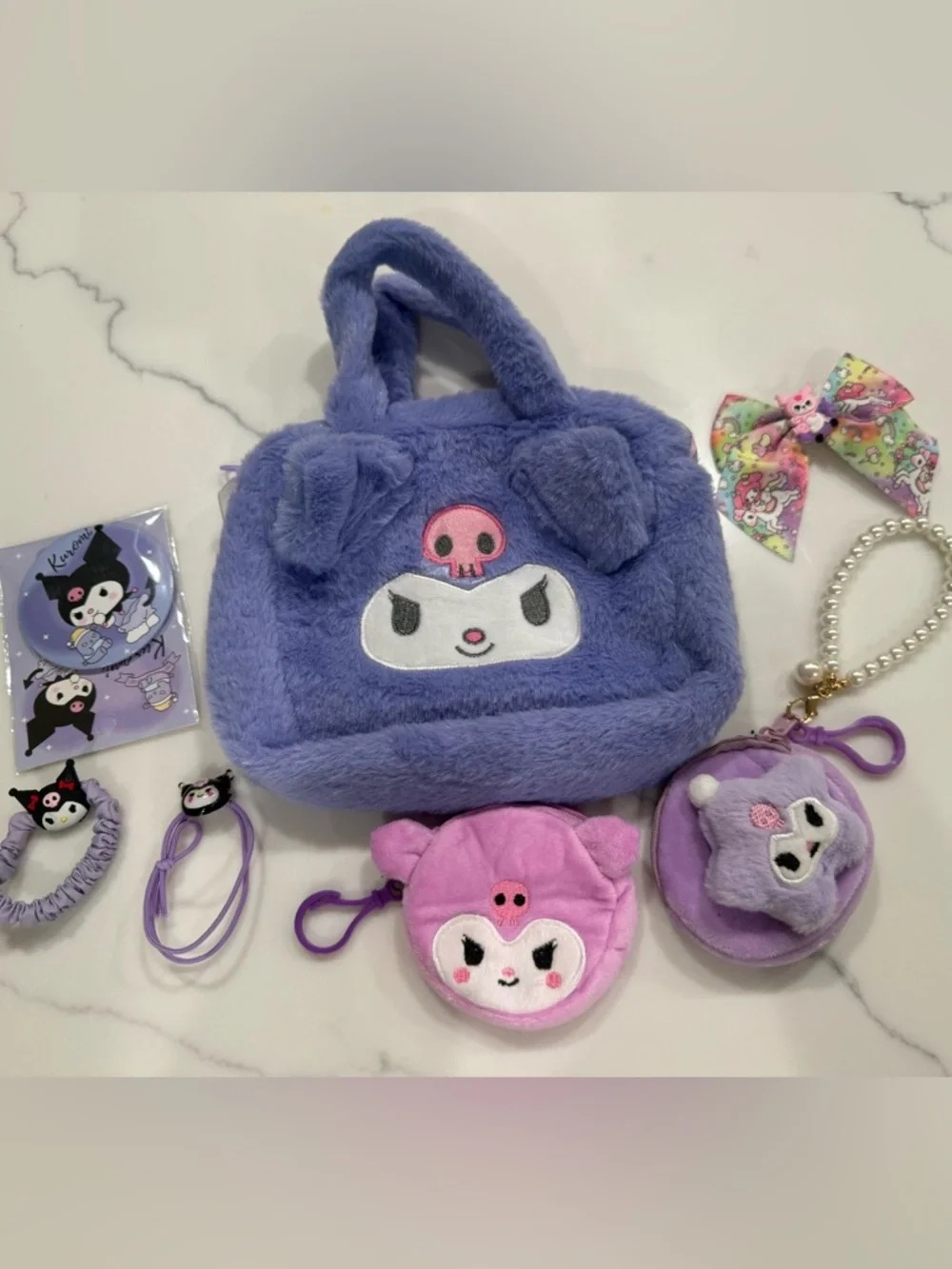 Kuromi Sanrio Plush Character Tote with accessories coin purse hair ties gift